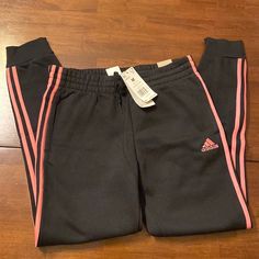 Adidas Pants, Black With Pink Stripes Adidas Fitted Sweatpants For Spring, Adidas Stretch Sweatpants For Spring, Pink Adidas Pants For Loungewear, Fitted Pink Adidas Bottoms, Pink Stretch Adidas Bottoms, Adidas Black Pants For Spring, Adidas Pink Sports Pants, Adidas Casual Pink Pants, Casual Adidas Pink Pants