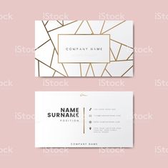 two white business cards with gold geometric shapes on the front and back, one is blank for