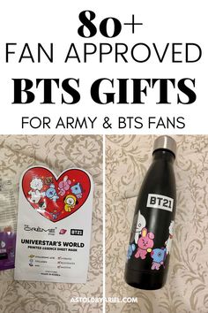 an advertisement for bts gifts with the text, 80 + fan approved bts gifts for army & bts fans