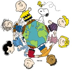 a group of children standing around the earth with peanuts on it's shoulders and arms