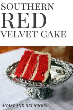 a red velvet cake on a plate with the words southern red velvet cake above it