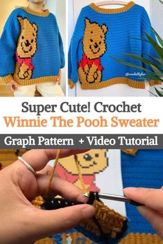 a person holding a crochet teddy bear sweater with text overlay that reads, super cute crochet winnie the pooh sweater graph pattern + video tutor