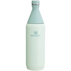 a light green stainless steel water bottle with the word stanley printed in blue on it