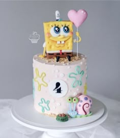 a spongebob themed cake on a white plate