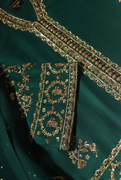 An alluring three piece on pure emerald green raw silk heavily embellished with ada/handwork craftmenship, done by our expert artisans. The length of the short open sherwani is 34 inches, it is styled with an embellished straight shalwar and pure organza dupatta for all the glitz and glam you will be needing in the fes Open Sherwani, Organza Dupatta, Glitz And Glam, Raw Silk, Three Piece, Festival Season, Emerald Green, Emerald, Embroidery