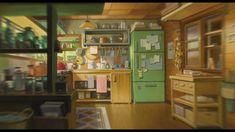 a painting of a kitchen with green refrigerator and wooden flooring, surrounded by shelves