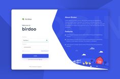 the birdoo landing page is displayed on a blue and white background with an image of a barn