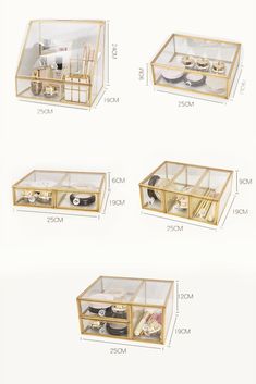 four different views of the inside of a glass box with compartments for various items, including plates and utensils