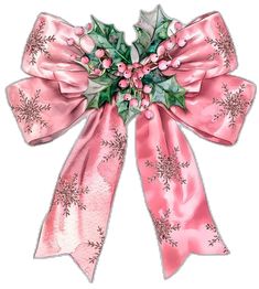 a pink bow with holly and snowflakes on it