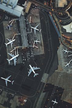 an aerial view of airplanes on the tarmac with text overlay that reads tips to finding cheap airfare online