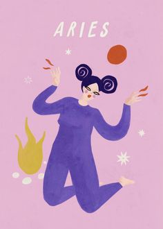 an illustration of a woman playing with a ball in her hand and the words aries above her