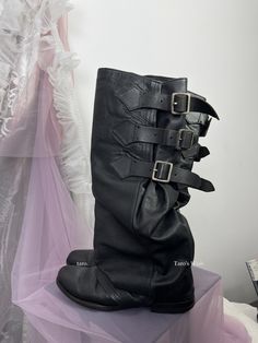 Famous Zucca slouch boots with three buckle details. Super soft vintage genuine leather, many ways to wear. Adjustable three buckles/belts to make desired width. In very rarely great condition. - Shown some scratches signs of wear but overall in excellent vintage condition, can add outer sole. - Height: 48cm Size: S (around EU36) fit a wider EU35 and more slim & flat EU37. Excellent (4/5). The item is in very good vintage condition with minor signs of wear or aging. Colour: Black. Genuine leather Sourced from: JAPAN. * try on pictures are from last pairs in size M. Model is a UK3.5/EU36. Zucca Boots, Corset Blouse, Purse Scarf, Biker Boots, Indie Design