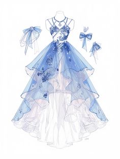 a drawing of a blue dress with bows on it