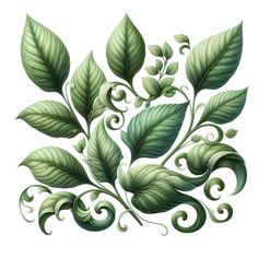 green leaves and swirls on white background