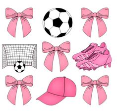 a set of pink bows, hats and soccer balls