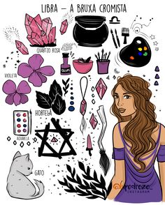 a drawing of a woman surrounded by various items and things that are in her hair