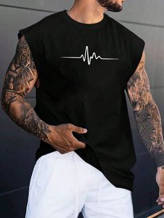 Black Casual Collar Sleeveless Knitted Fabric Letter  Embellished Slight Stretch  Men Clothing Black Letter Print Muscle Tee For Streetwear, Sleeveless Tee Men, Loose Tank Top Men, Cheap Men's T-shirt With Lettering, Mens Streetwear T-shirts & Tank Tops, Mens Vest