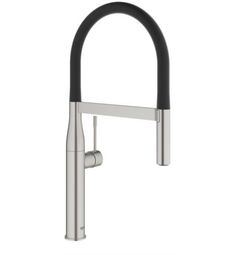 a kitchen faucet with black handles and stainless steel finish on an isolated white background