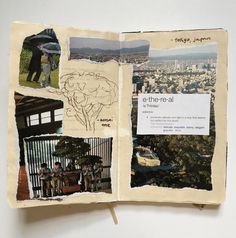 an open book with pictures of people and buildings in the background, including a fence