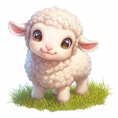 a white sheep standing on top of a lush green grass covered field with blue eyes