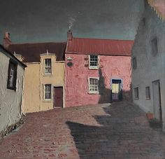 an oil painting of some buildings on a cobblestone street with a dark sky in the background