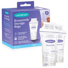 lansinoh breastmilk storage bags in packaging with instructions on how to use them