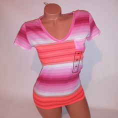 Route 66 T Shirt Xs Pink Orange White Stripe V Neck Basic Short Sleeve Pit To Pit 16" Length 22.5" New With Tags *Bundle To Save Chavonne11 020923 Pink Sporty Short Sleeve Tops, Pink Short Sleeve Sporty Tops, Sporty Pink Short Sleeve Tops, Trendy Pink V-neck T-shirt, Trendy Pink V-neck Top, Sporty Pink Summer Tops, Pink Stretch T-shirt For Spring, Sporty Fitted Pink T-shirt, Pink Stretch Casual T-shirt