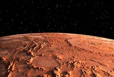 an artist's rendering of the surface of mars, with stars in the background