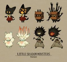 the little shadow monsters are all dressed up in different outfits and costumes, with their hands on