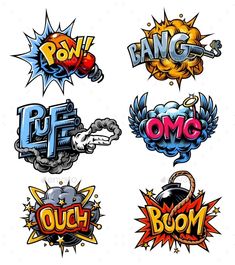 the different types of comic logos in various styles and colors - miscellaneous objects / characters