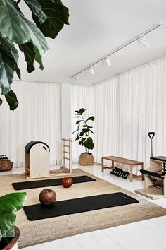 a room with yoga mats and plants in it