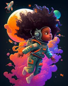 "Looking for a beautiful and inspirational piece of art? Check out our printable poster of a beautiful little black girl exploring space!  With her fearless determination, she reminds us to reach for the stars and never give up on our dreams.  With bold colors and high-quality graphics, it's the perfect addition to any nursery or kid's room.  And because it's a digital download, you can print it at home or at your local print shop and have it on your wall in no time.  Don't miss your chance to b Space Art For Kids, School Wall Art Ideas, Astronaut Drawing, Nursery Deco, Art Spatial, Space Kids, Email Notification, Space Nursery, Space Girl