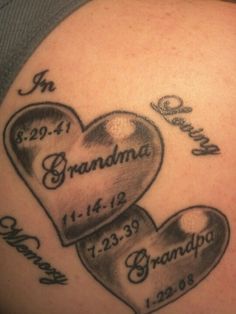 two hearts with names and date on the back of their stomachs, which are inscribed in cursive writing