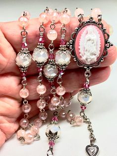 Pretty Rosaries, Handmade Pink Rosary For Healing, Pink Beaded Rosary, Pink Swarovski, Rose Quartz Beads, Rosary Catholic