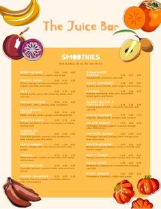 the juice bar menu with fruits and vegetables