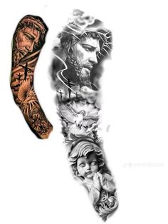 a man's arm with tattoos on it and the image of jesus in his head