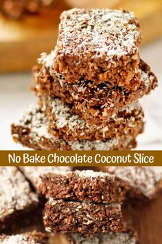 no bake chocolate coconut slice is stacked on top of each other with the words, no bake chocolate coconut slice