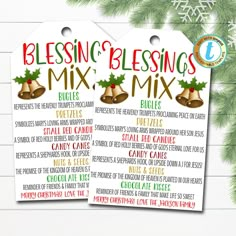 two christmas gift tags with the words blessing and bells in red, green and white