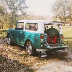 an old green and white truck parked in the grass