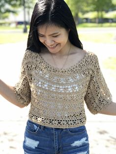 a woman wearing a crochet lacy summer top with text overlay that says, free crochet pattern & video tutor