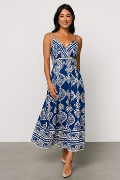 Delia Midi Dress | Blue Print Summer Sundresses Women, Blue Wedding Guest Dresses, Cobalt Dress, Flowy Midi Skirt, Beach Wedding Attire, Outfits For Mexico, Midi Dress Blue, Destination Dress, Baltic Born