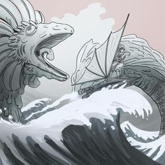 an image of a dragon attacking a boat in the ocean