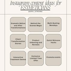 Here are a few content ideas for estheticians and other beauty pros to help increase their engagment and bookings Esthetician Grand Opening Ideas, Esthetician Tiktok Ideas, Esthetician Gifts Ideas For Clients, Book With Me Esthetician, Content Ideas For Esthetician, Esthetician Reel Ideas, Esthetician Content Ideas, Esthetician Must Haves