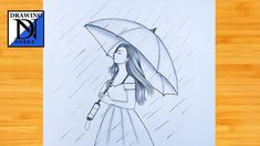 a pencil drawing of a girl holding an umbrella in the rain with her hand on her hip