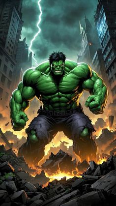 the incredible hulk is standing in front of a city with buildings and lightning behind him