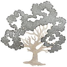 Accent your living room wall with this Cutout Tree Metal Wall Decor. This whitewashed MDF tree is carved out to resemble the textured and ridged appearance of our treasured trees. The galvanized metal leaves have a unique, abstract appearance with strategically placed cutouts to retain a full look. This piece seemlessly marries nature and rustic undertones that can easily be incorporated into your living space! Details: 	 Dimensions: 26.5" H x 26" W x 0.44" D 	 Material: Metal & MDF 	 Shape: Nov Farmhouse Theme, Wall Decor Hobby Lobby, Room Details, Tree Top, Metal Leaves, Cloud Painting, Garden Art Sculptures, Galvanized Metal, Tree Tops