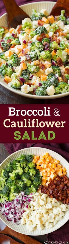 broccoli and cauliflower salad is shown in two separate plates with the same toppings