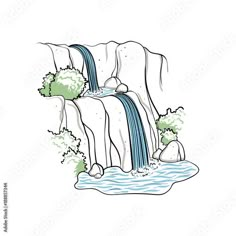 a waterfall in the mountains with trees and bushes around it, drawn by hand on white paper