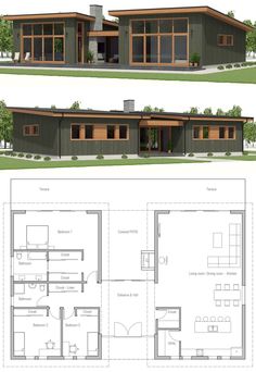 two story house plans with one floor and the other on each side, in three different sections