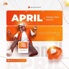 an advertisement for happy new month with a man in orange vest and white shirt dancing